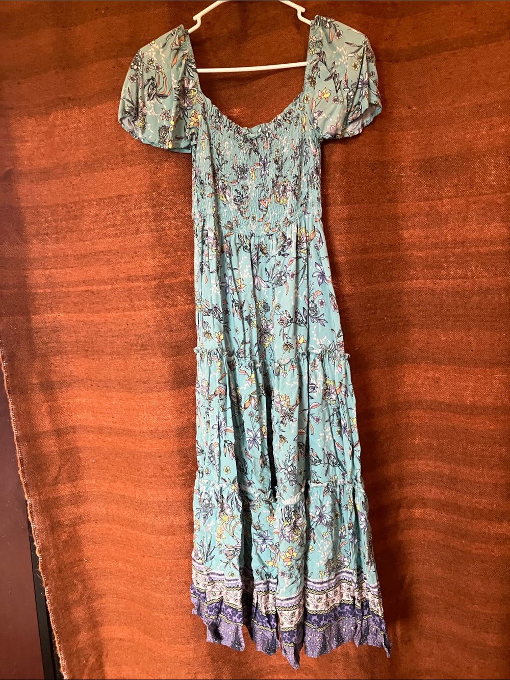 Smocked Puff-Sleeve Midi Dress in Teal Floral